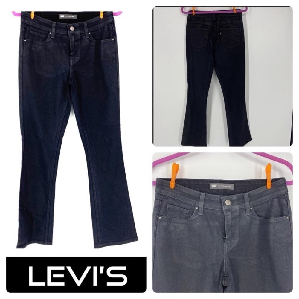 Levi’s black shiny waxy mid rise bootcut skinny. Stretch glam punk. Sz 27